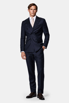 Koyu Lacivert 6 Drop Regular Fit Standart Kesim %100 Yün Kruvaze Çizgili İtalyan Takım Elbise