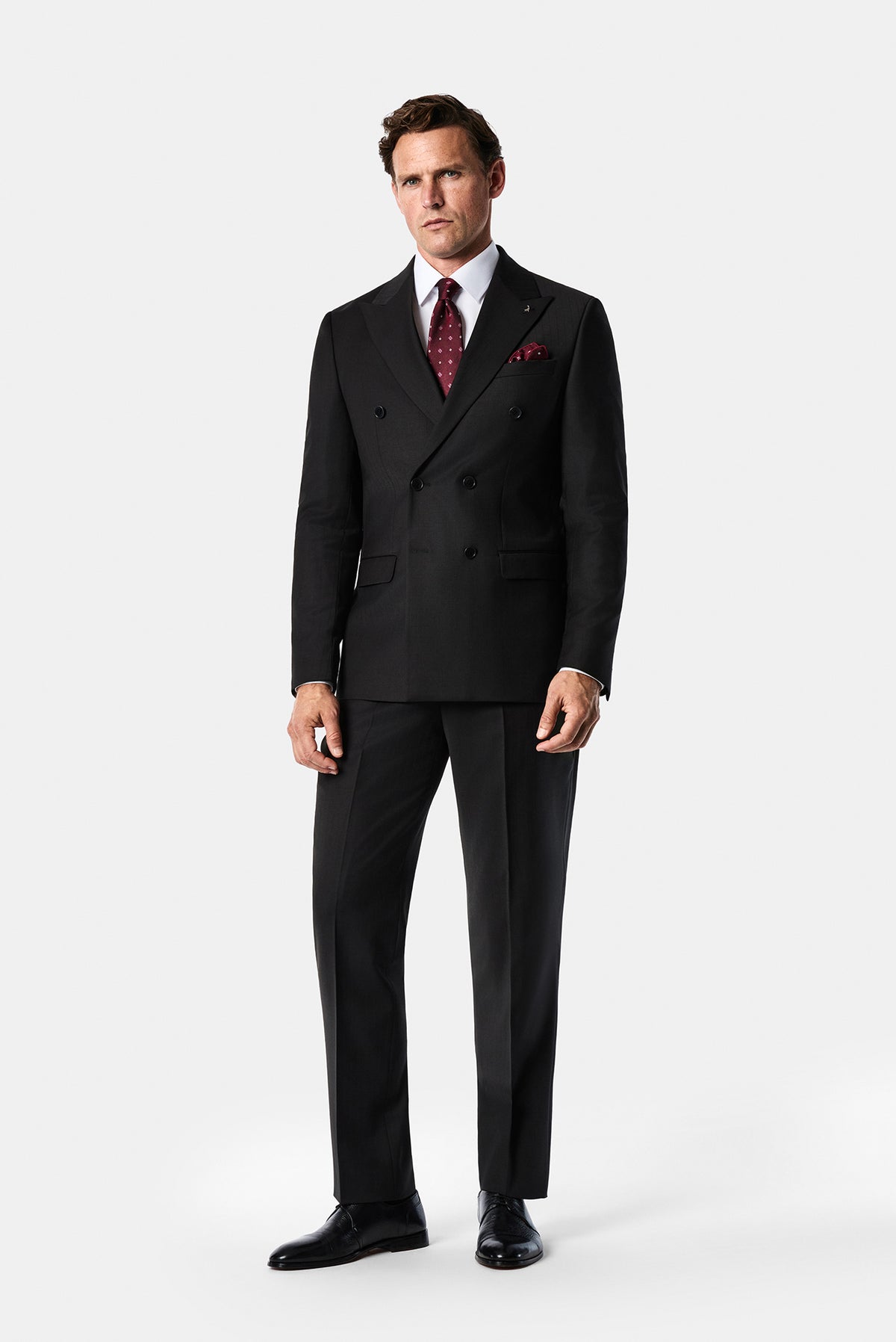 Siyah 7 Drop Slim Fit Dar Kesim Sivri Yaka Beli Lastikli Yünlü Desenli Kruvaze Takım Elbise