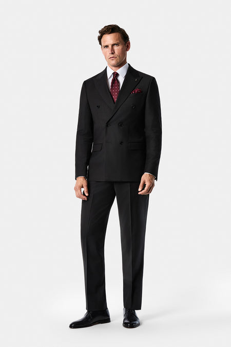 Siyah 7 Drop Slim Fit Dar Kesim Sivri Yaka Beli Lastikli Yünlü Desenli Kruvaze Takım Elbise