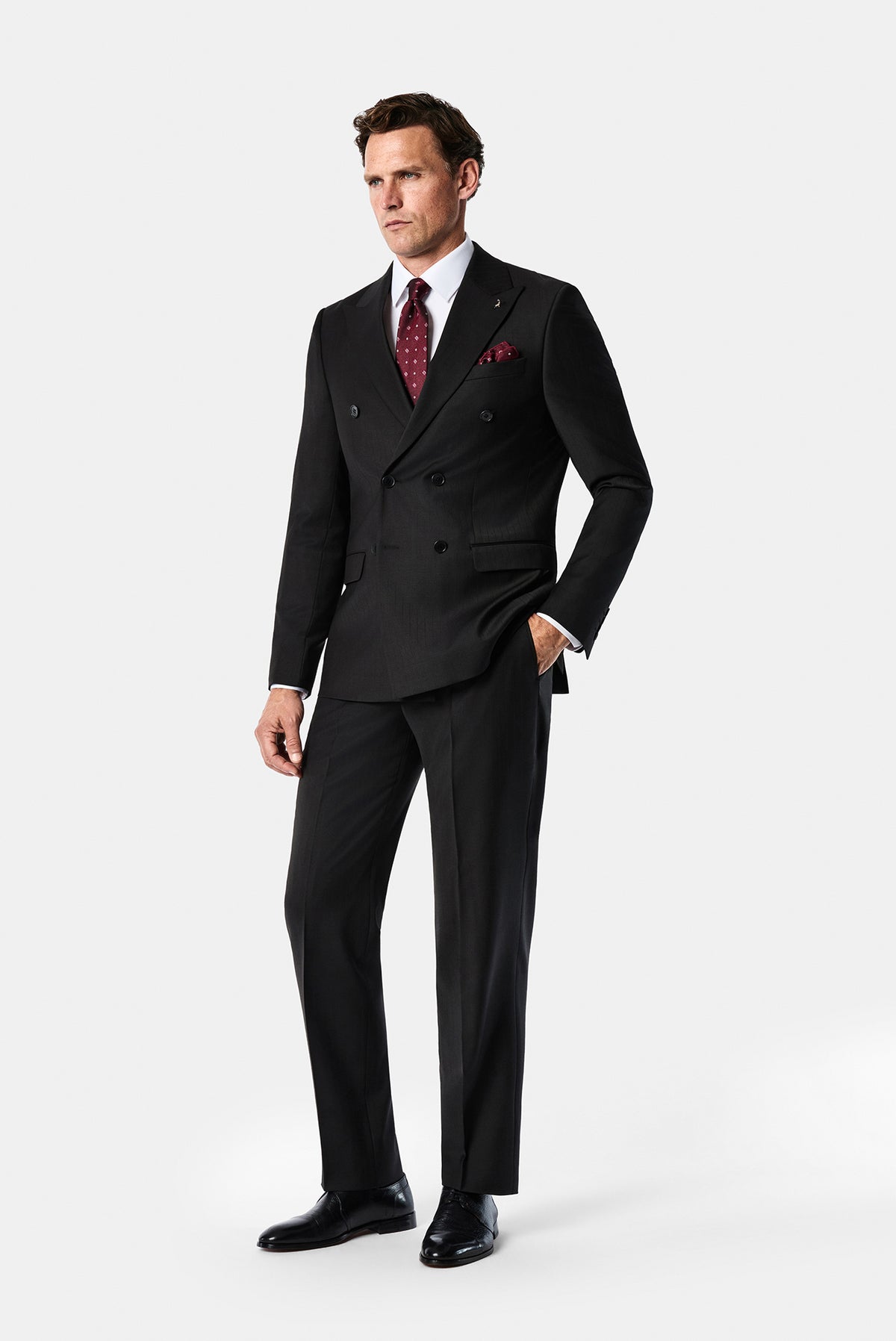 Siyah 6 Drop Regular Fit Standart Kesim Sivri Yaka Beli Lastikli Yünlü Desenli Kruvaze Takım Elbise