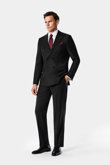 Siyah 4 Drop Relaxed Fit Rahat Kesim Sivri Yaka Beli Lastikli Yünlü Desenli Kruvaze Takım Elbise
