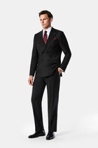 Siyah 7 Drop Slim Fit Dar Kesim Sivri Yaka Beli Lastikli Yünlü Desenli Kruvaze Takım Elbise