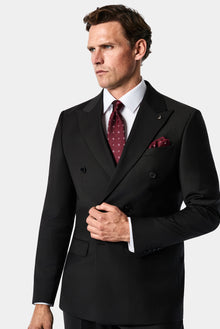 Siyah 4 Drop Relaxed Fit Rahat Kesim Sivri Yaka Beli Lastikli Yünlü Desenli Kruvaze Takım Elbise