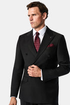 Siyah 7 Drop Slim Fit Dar Kesim Sivri Yaka Beli Lastikli Yünlü Desenli Kruvaze Takım Elbise