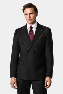 Siyah 6 Drop Regular Fit Standart Kesim Sivri Yaka Beli Lastikli Yünlü Desenli Kruvaze Takım Elbise