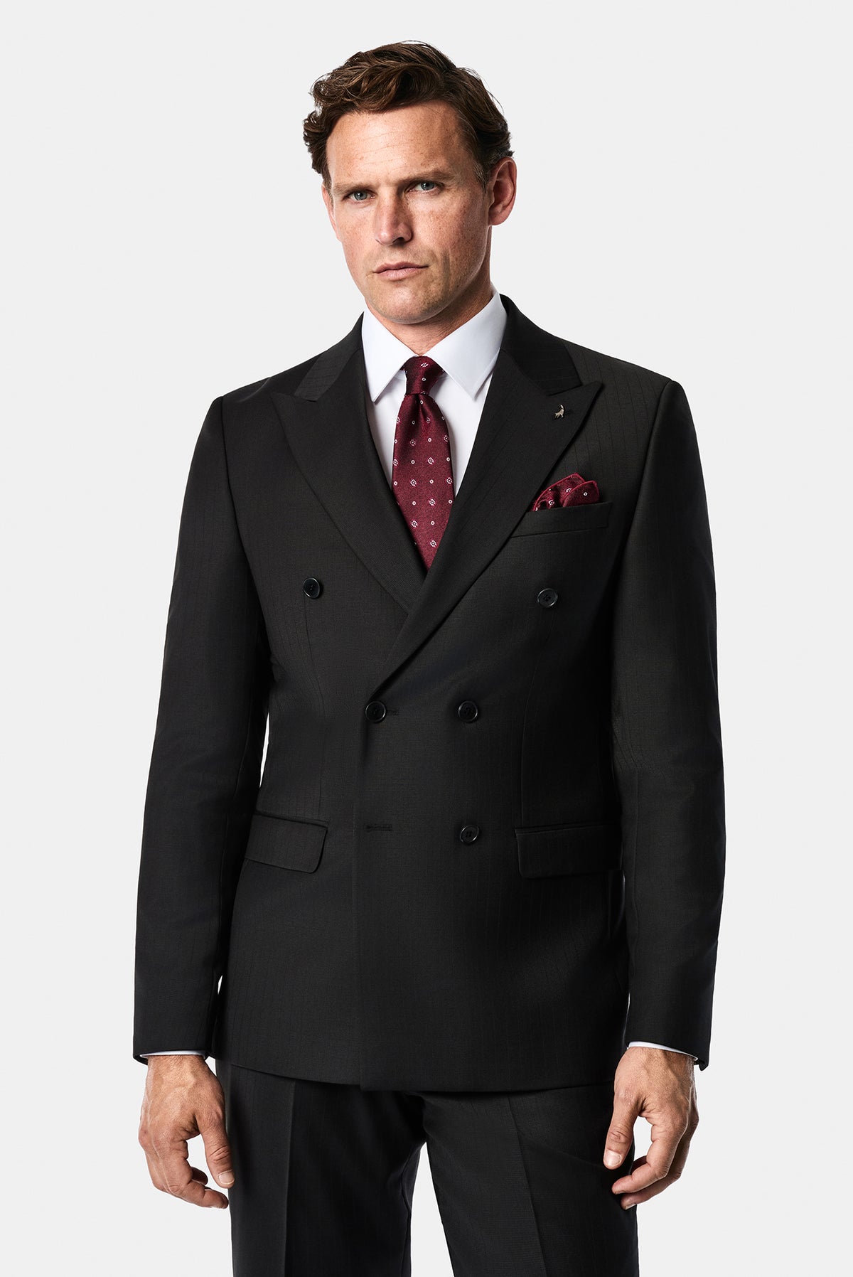 Siyah 4 Drop Relaxed Fit Rahat Kesim Sivri Yaka Beli Lastikli Yünlü Desenli Kruvaze Takım Elbise