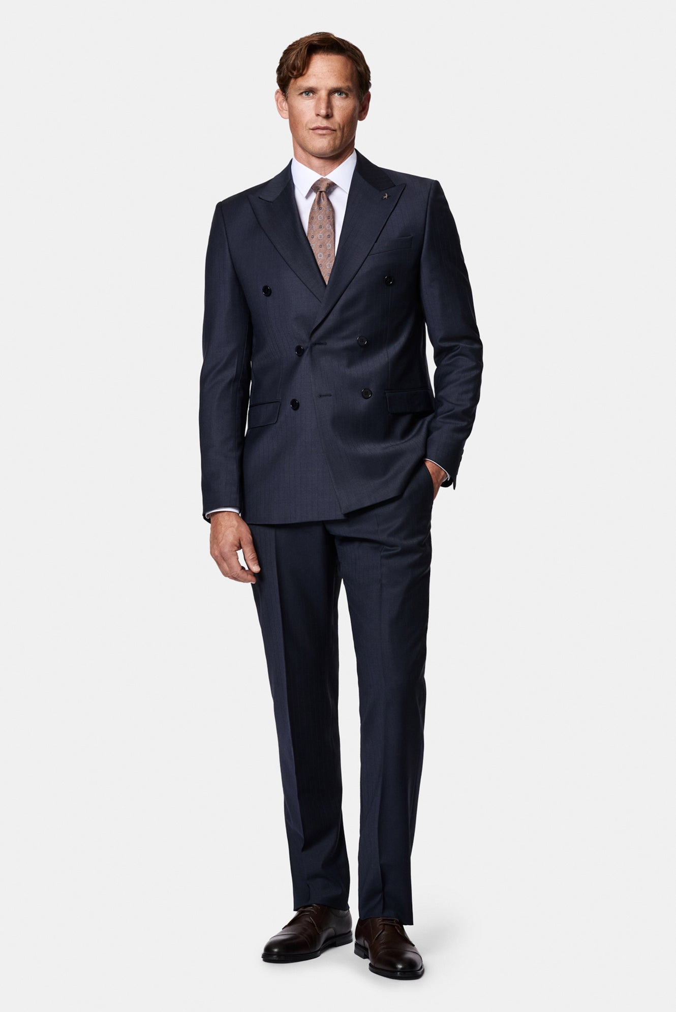 Koyu Lacivert 6 Drop Regular Fit Standart Kesim Sivri Yaka Beli Lastikli Yünlü Desenli Kruvaze Takım Elbise