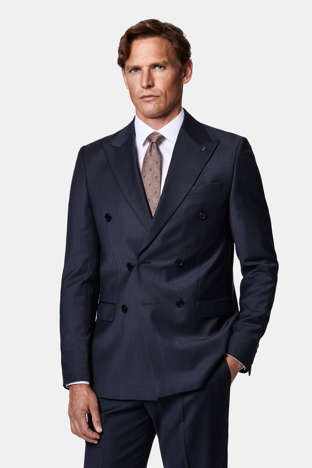 Koyu Lacivert 6 Drop Regular Fit Standart Kesim Sivri Yaka Beli Lastikli Yünlü Desenli Kruvaze Takım Elbise