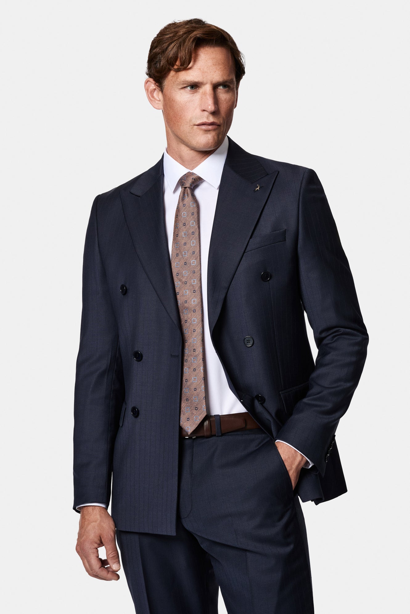 Koyu Lacivert 6 Drop Regular Fit Standart Kesim Sivri Yaka Beli Lastikli Yünlü Desenli Kruvaze Takım Elbise