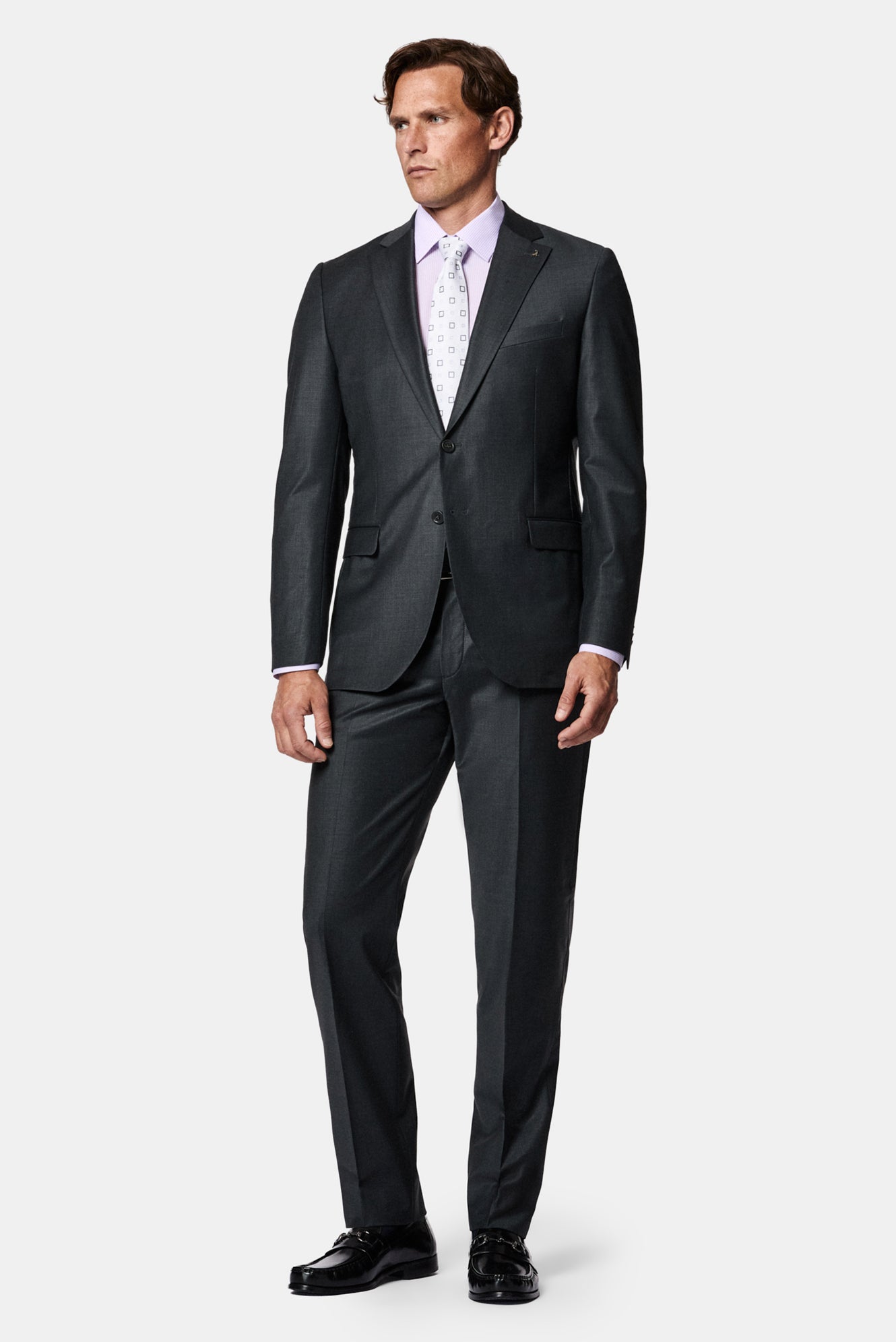 Koyu Füme 7 Drop Slim Fit Dar Kesim Yünlü Mono Yaka Beli Lastikli Takım Elbise