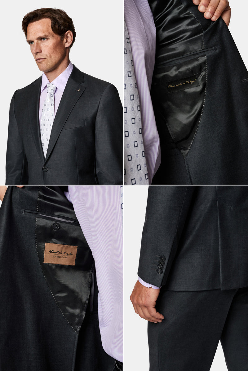 Koyu Füme 7 Drop Slim Fit Dar Kesim Yünlü Mono Yaka Beli Lastikli Takım Elbise