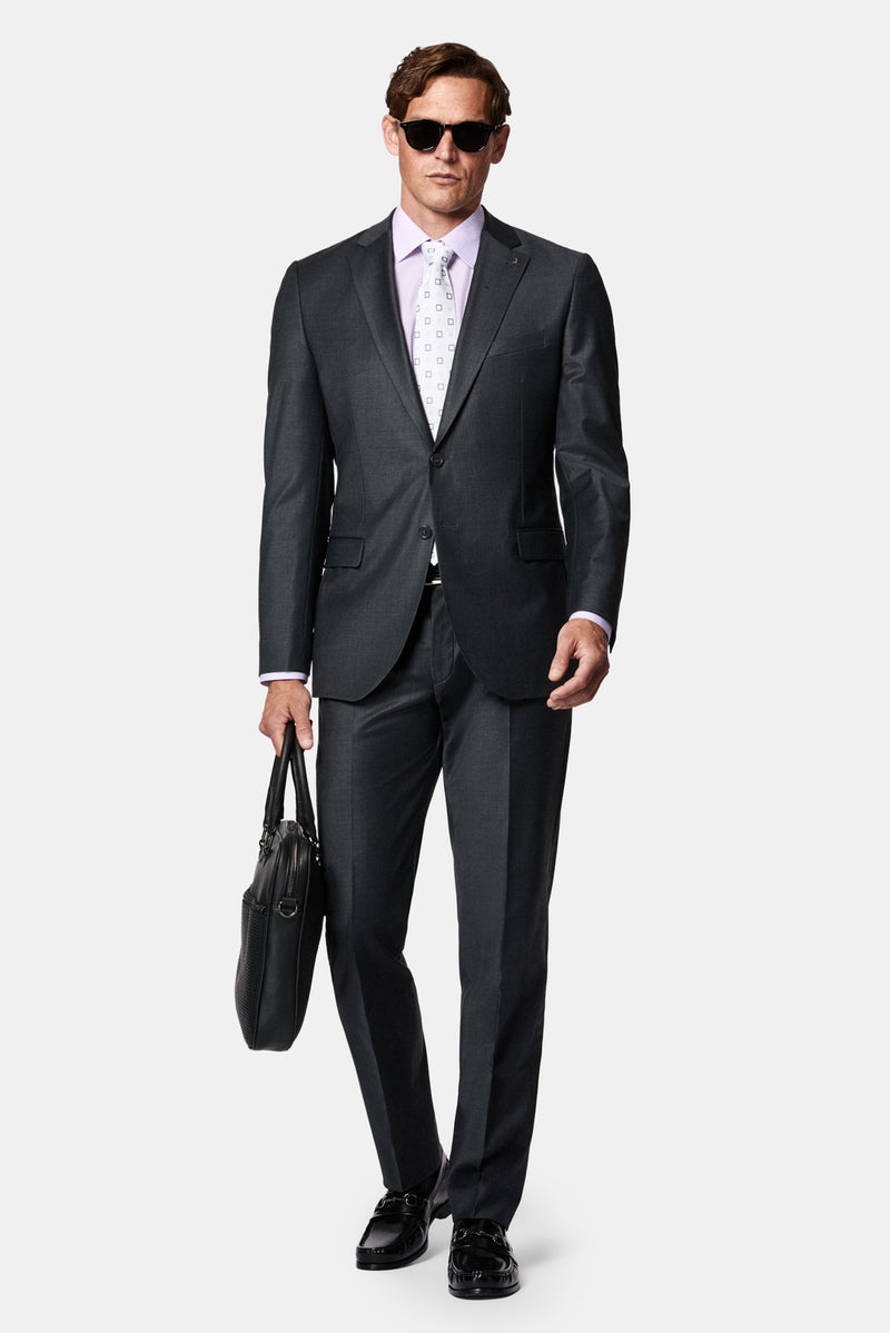 Koyu Füme 7 Drop Slim Fit Dar Kesim Yünlü Mono Yaka Beli Lastikli Takım Elbise