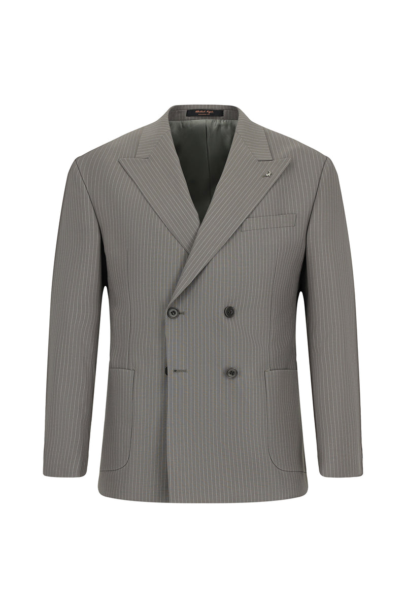 Orta Füme 7 Drop Slim Fit Dar Kesim Çizgili Sivri Yaka Kruvaze Kombinli Yünlü Tak?m Elbise-Abdullah Ki??l?