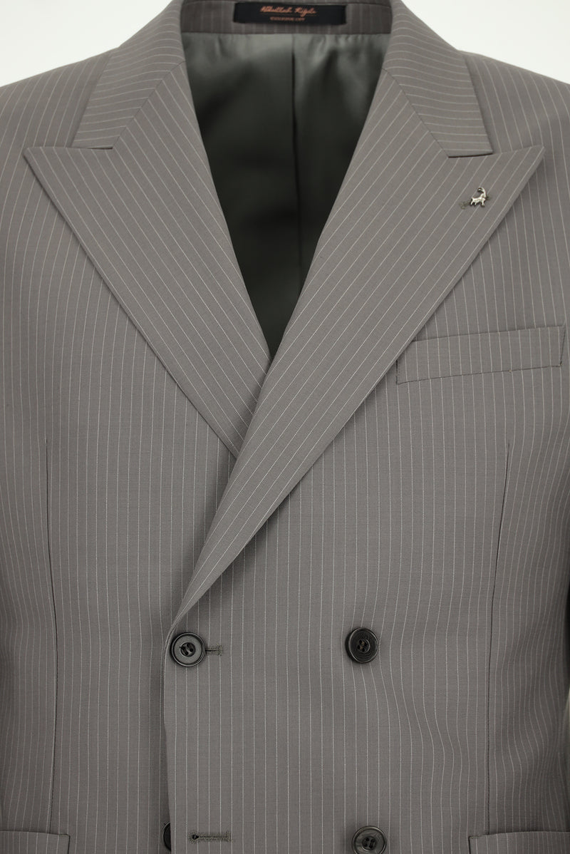 Orta Füme 7 Drop Slim Fit Dar Kesim Çizgili Sivri Yaka Kruvaze Kombinli Yünlü Tak?m Elbise-Abdullah Ki??l?