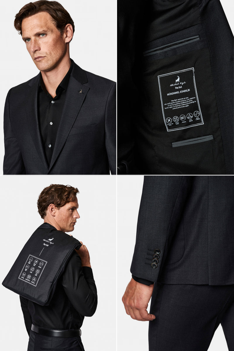 Koyu Füme 4 Drop Relaxed Fit Rahat Kesim Flex Suit Çantalı Yünlü Takım Elbise