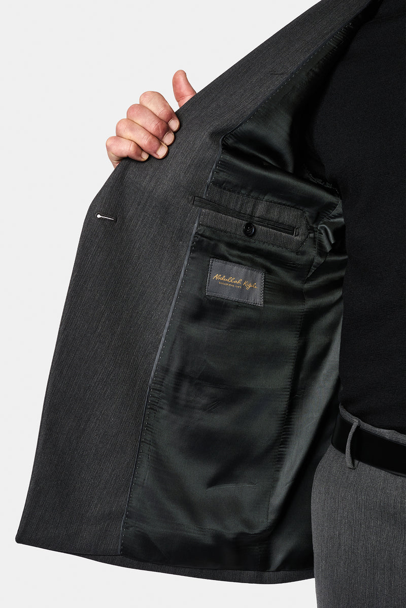 Koyu Füme 7 Drop Süper Slim Fit Sivri Yaka Desenli Yünlü Kruvaze Takım Elbise