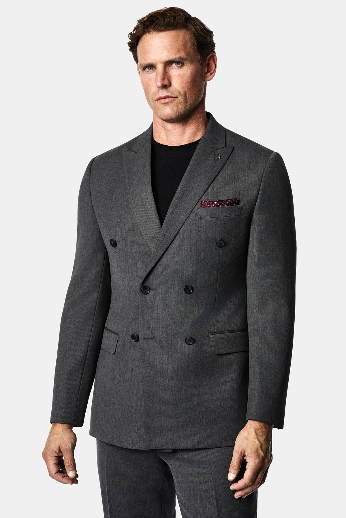 Koyu Füme 7 Drop Süper Slim Fit Sivri Yaka Desenli Yünlü Kruvaze Takım Elbise