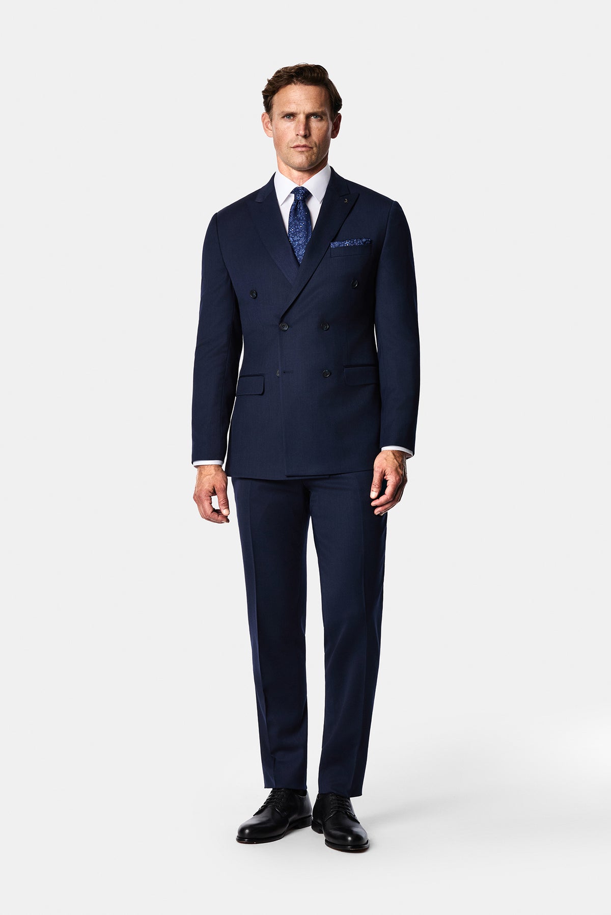 Koyu Lacivert 7 Drop Süper Slim Fit Sivri Yaka Desenli Yünlü Kruvaze Takım Elbise