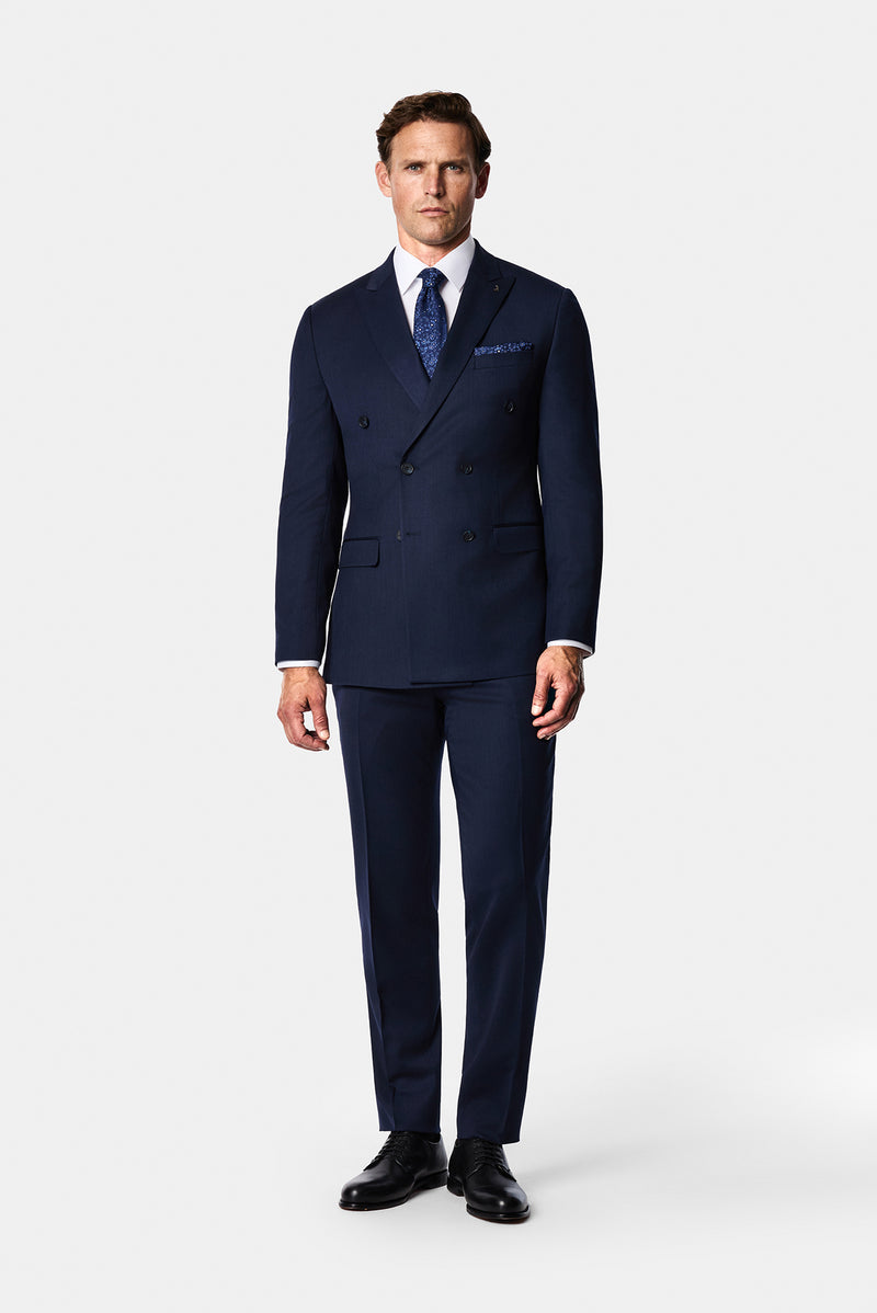 Koyu Lacivert 7 Drop Super Slim Fit Eksra Dar Kesim Yünlü Desenli Sivri Yaka Kruvaze Takım Elbise