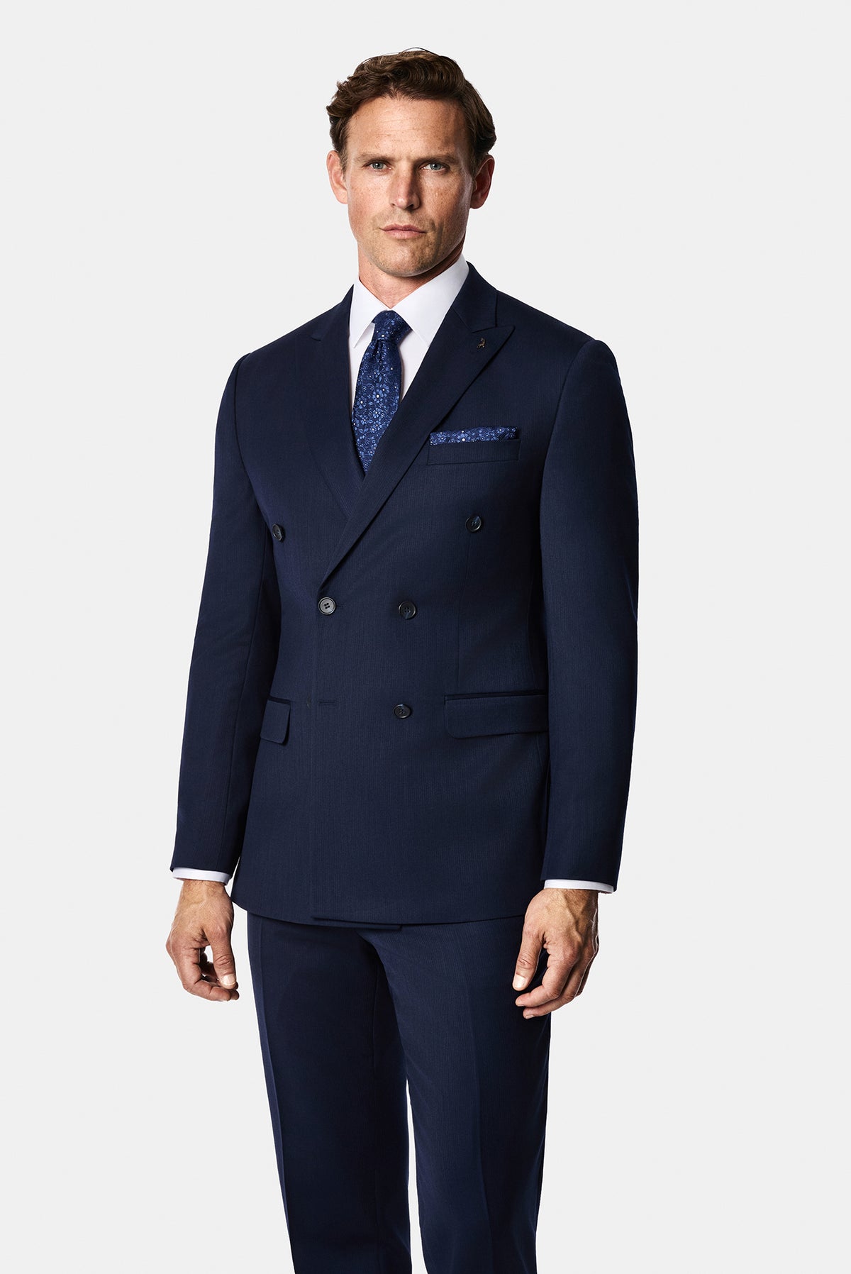 Koyu Lacivert 7 Drop Süper Slim Fit Sivri Yaka Desenli Yünlü Kruvaze Takım Elbise