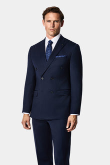 Koyu Lacivert 7 Drop Süper Slim Fit Sivri Yaka Desenli Yünlü Kruvaze Takım Elbise
