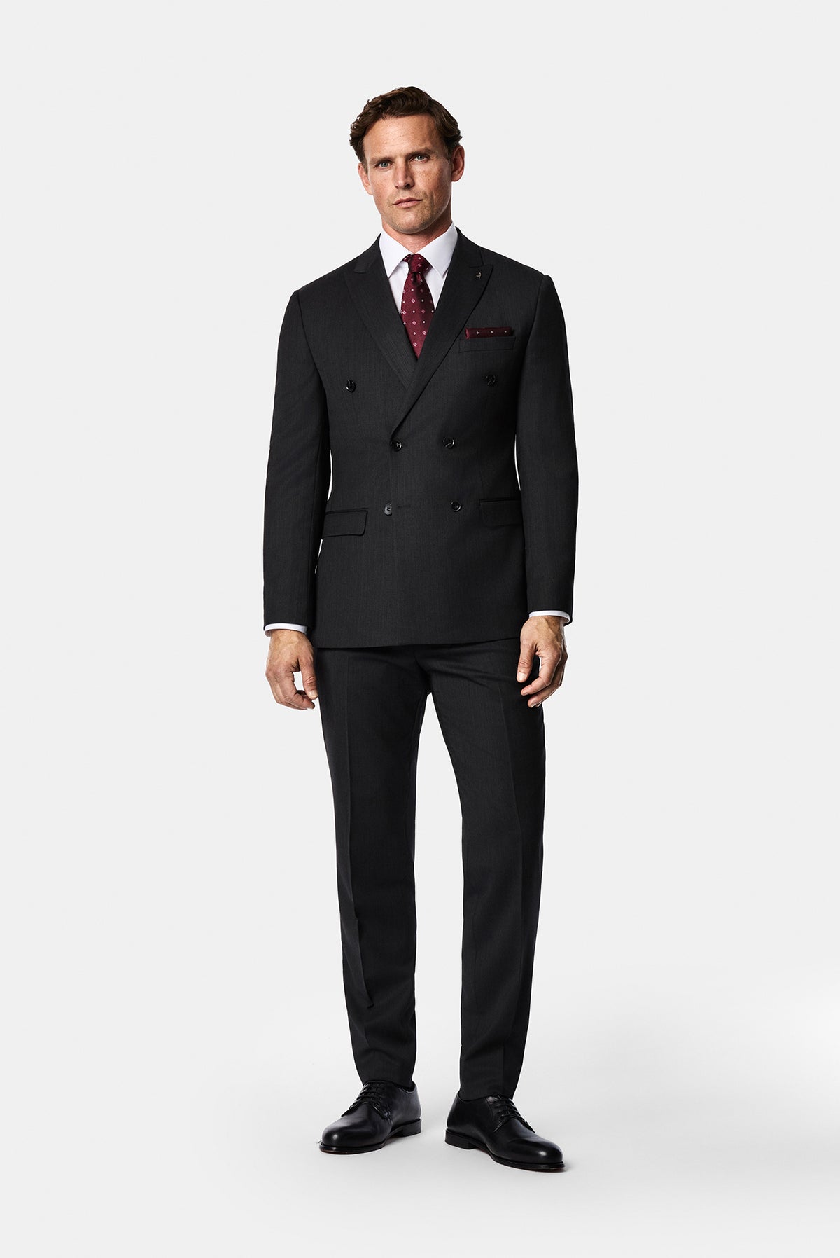 Koyu Antrasit 7 Drop Süper Slim Fit Sivri Yaka Desenli Yünlü Kruvaze Takım Elbise