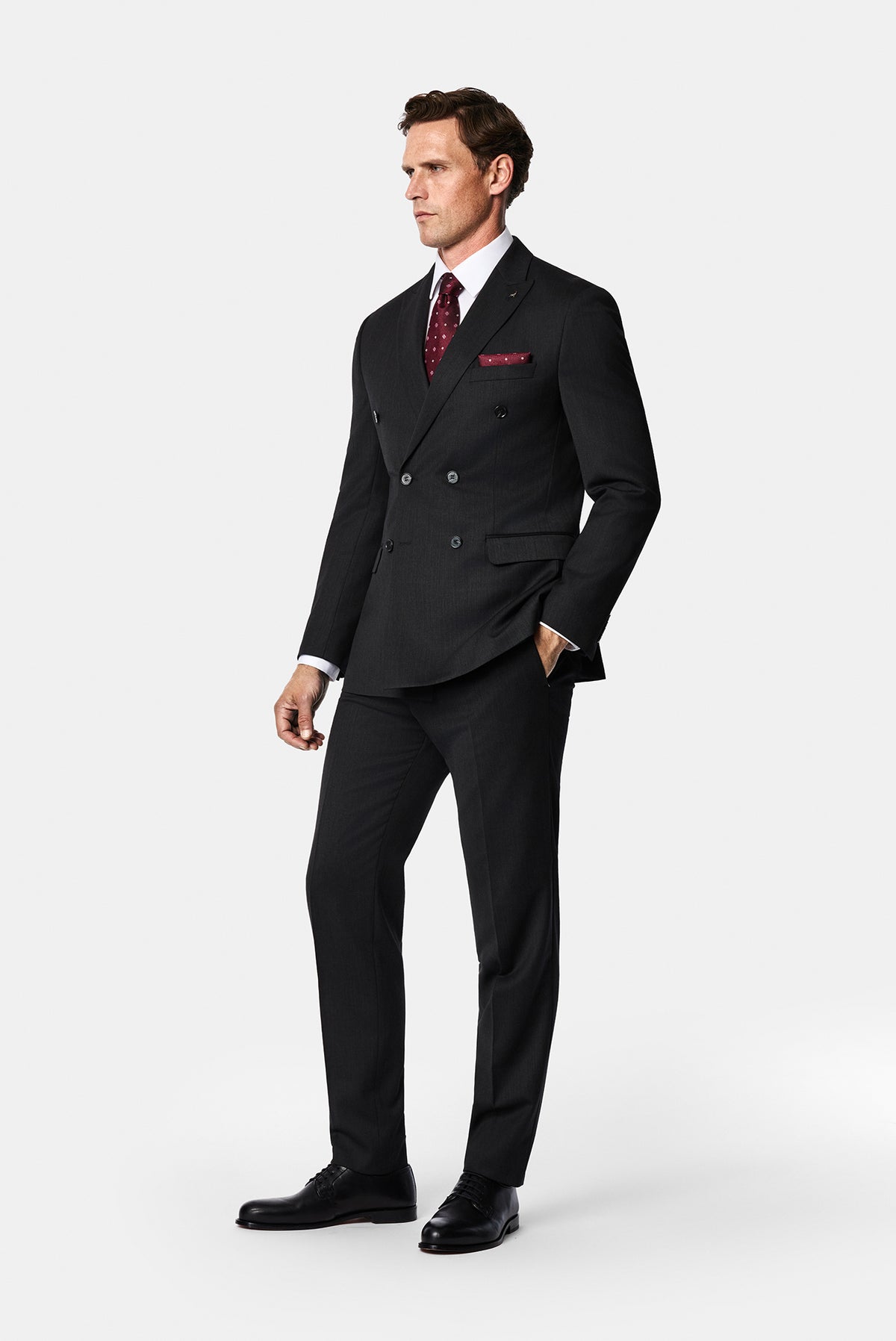 Koyu Antrasit 7 Drop Süper Slim Fit Sivri Yaka Desenli Yünlü Kruvaze Takım Elbise