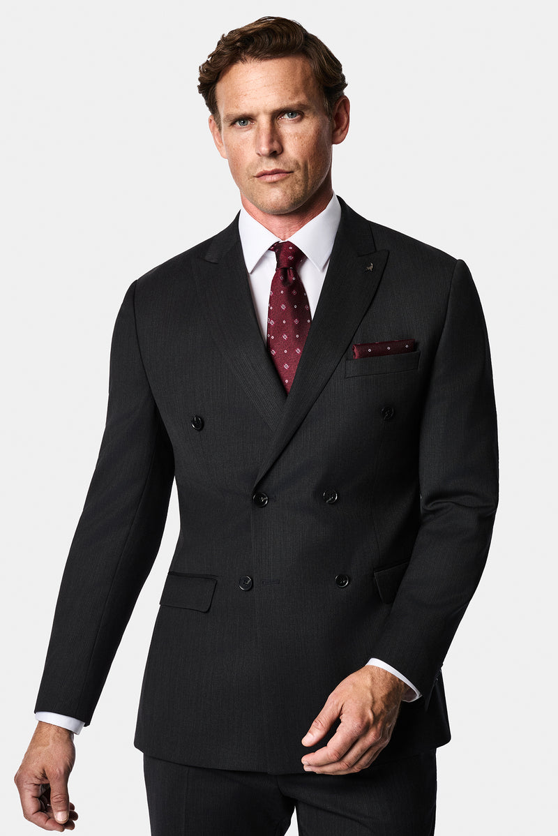 Koyu Antrasit 7 Drop Süper Slim Fit Sivri Yaka Desenli Yünlü Kruvaze Takım Elbise
