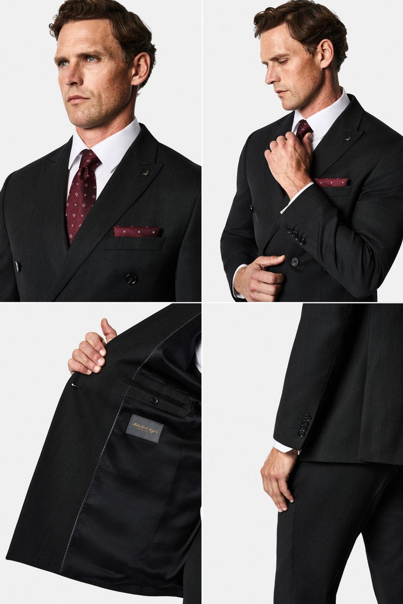 Koyu Antrasit 7 Drop Super Slim Fit Eksra Dar Kesim Yünlü Desenli Sivri Yaka Kruvaze Takım Elbise