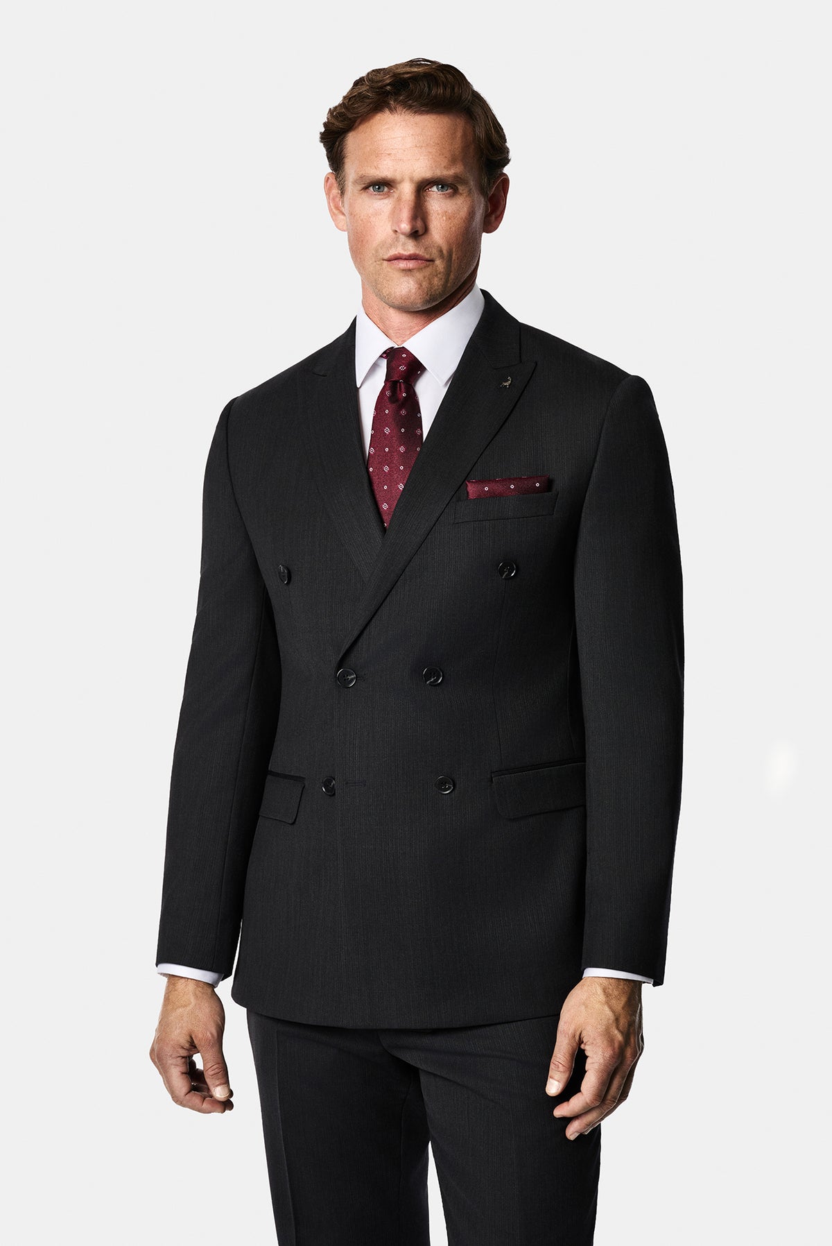 Koyu Antrasit 7 Drop Süper Slim Fit Sivri Yaka Desenli Yünlü Kruvaze Takım Elbise