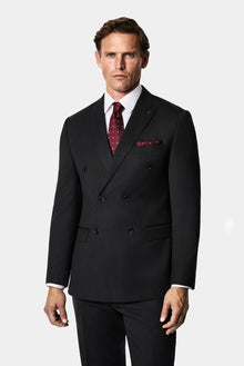 Koyu Antrasit 7 Drop Süper Slim Fit Sivri Yaka Desenli Yünlü Kruvaze Takım Elbise