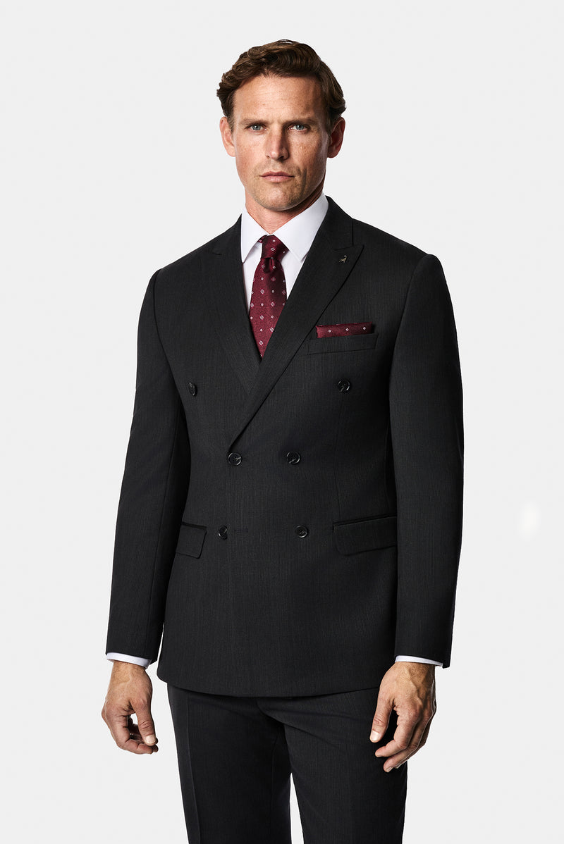 Koyu Antrasit 7 Drop Süper Slim Fit Sivri Yaka Desenli Yünlü Kruvaze Takım Elbise