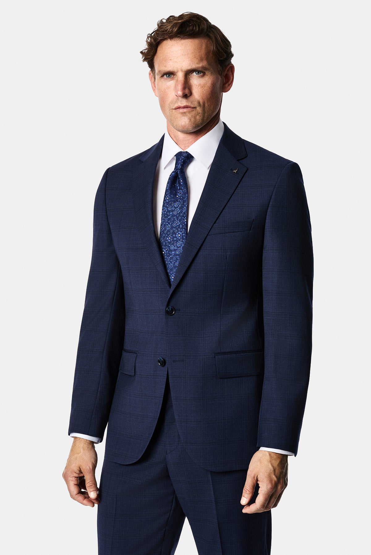 Koyu Lacivert 6 Drop Regular Fit Mono Yaka Ekose Yünlü Takım Elbise
