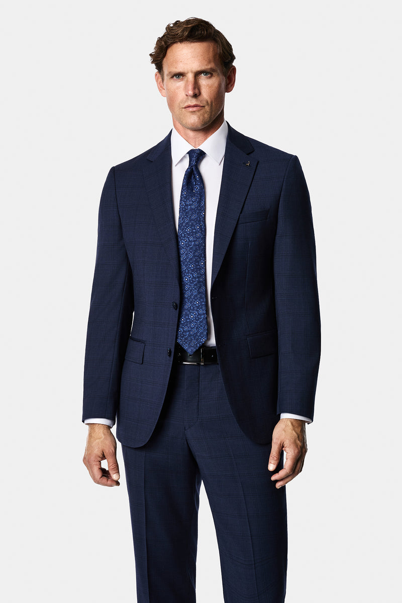 Koyu Lacivert 6 Drop Regular Fit Standart Kesim Yünlü Mono Yaka Ekose Takım Elbise