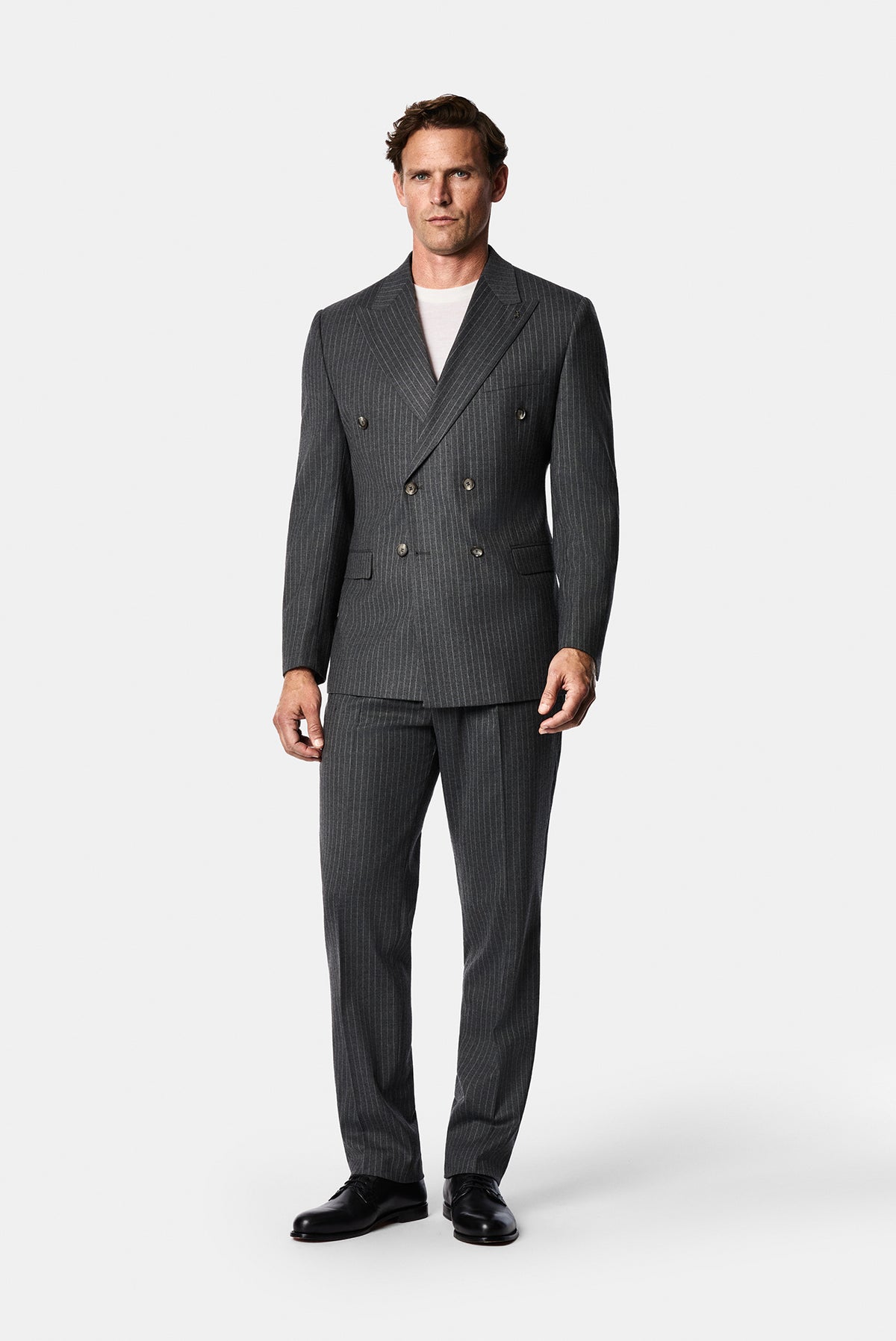 Orta Füme 7 Drop Slim Fit Sivri Yaka Kruvaze Düz Yünlü Beli Lastikli Takım Elbise
