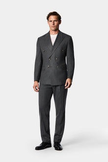 Orta Füme 7 Drop Slim Fit Sivri Yaka Kruvaze Düz Yünlü Beli Lastikli Takım Elbise
