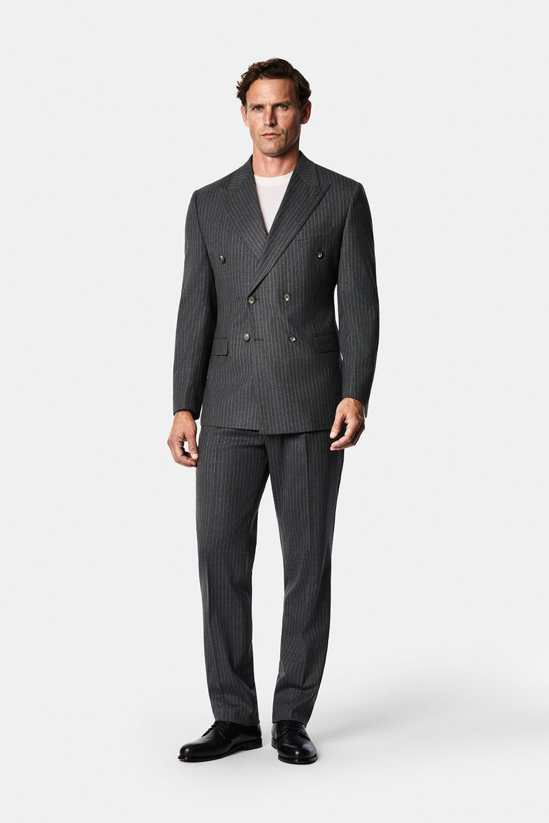 Orta Füme 7 Drop Slim Fit Dar Kesim Yünlü Sivri Yaka Beli Lastikli Çizgili Kruvaze Takım Elbise