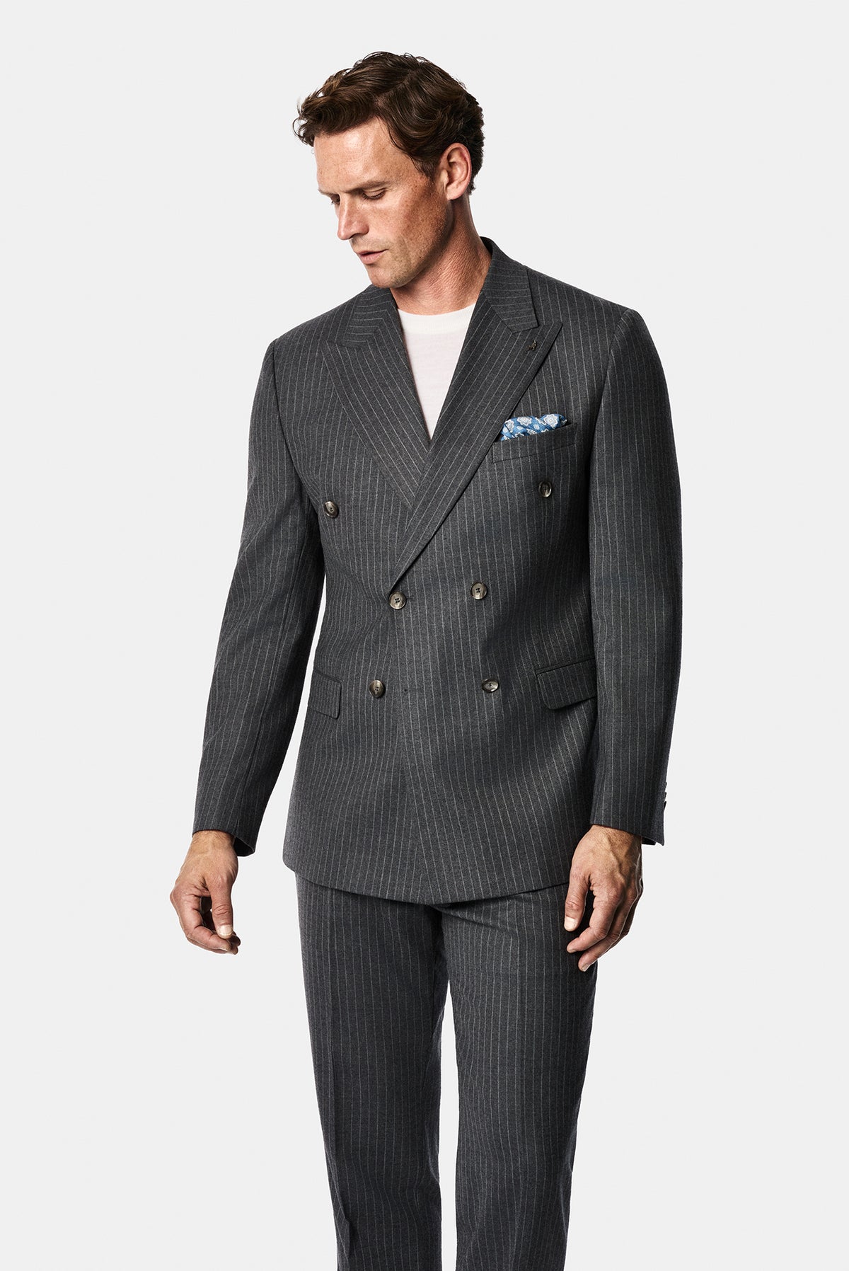 Orta Füme 7 Drop Slim Fit Sivri Yaka Kruvaze Düz Yünlü Beli Lastikli Takım Elbise