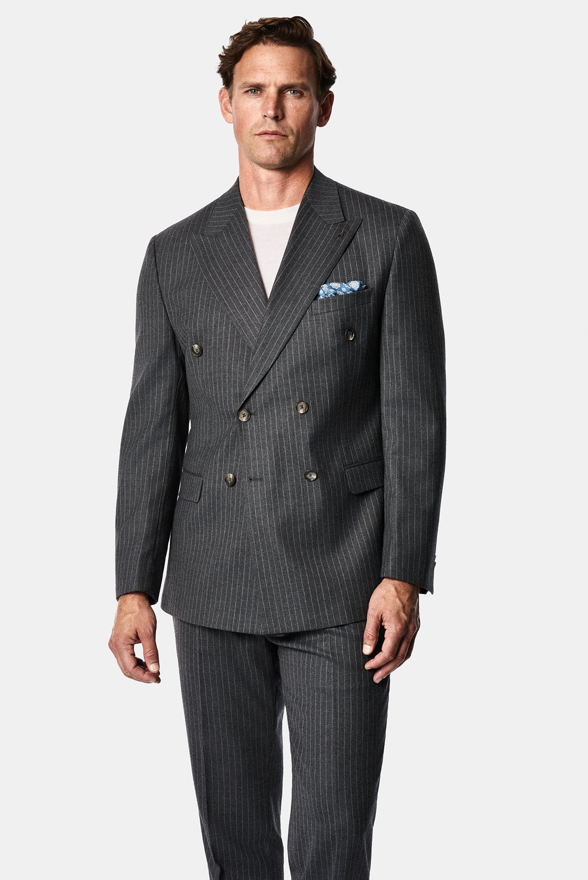 Orta Füme 7 Drop Slim Fit Sivri Yaka Kruvaze Düz Yünlü Beli Lastikli Takım Elbise