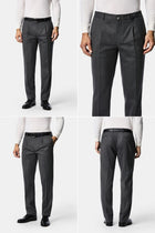 Orta Füme 7 Drop Slim Fit Sivri Yaka Kruvaze Düz Yünlü Beli Lastikli Takım Elbise