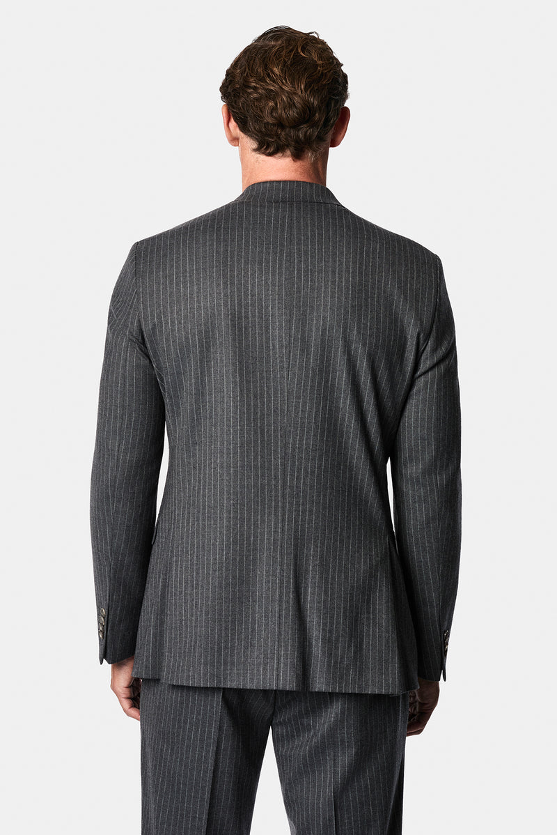 Orta Füme 7 Drop Slim Fit Dar Kesim Yünlü Sivri Yaka Beli Lastikli Çizgili Kruvaze Takım Elbise
