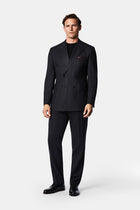 Siyah Lacivert 7 Drop Slim Fit Sivri Yaka Kruvaze Düz Yünlü Beli Lastikli Takım Elbise