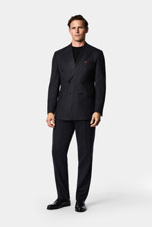 Siyah Lacivert 7 Drop Slim Fit Sivri Yaka Kruvaze Düz Yünlü Beli Lastikli Takım Elbise