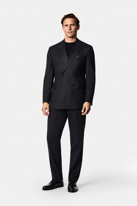 Siyah Lacivert 7 Drop Slim Fit Sivri Yaka Kruvaze Düz Yünlü Beli Lastikli Takım Elbise