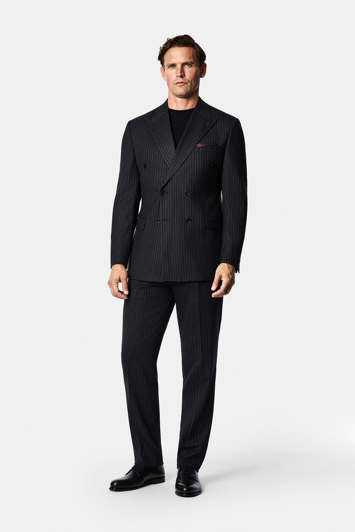 Siyah Lacivert 7 Drop Slim Fit Sivri Yaka Kruvaze Düz Yünlü Beli Lastikli Takım Elbise