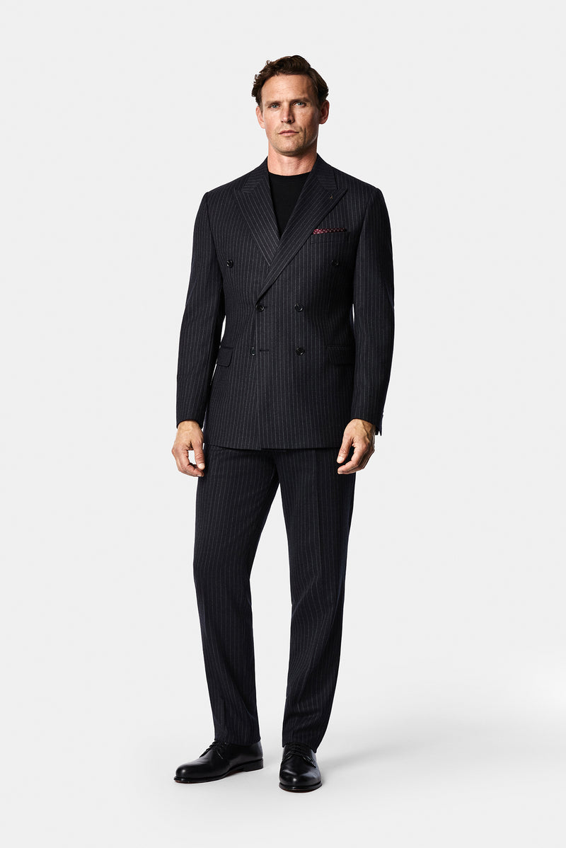 Siyah Lacivert 7 Drop Slim Fit Sivri Yaka Kruvaze Düz Yünlü Beli Lastikli Takım Elbise