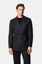 Siyah Lacivert 7 Drop Slim Fit Sivri Yaka Kruvaze Düz Yünlü Beli Lastikli Takım Elbise