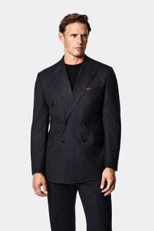 Siyah Lacivert 7 Drop Slim Fit Sivri Yaka Kruvaze Düz Yünlü Beli Lastikli Takım Elbise