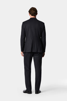 Siyah Lacivert 7 Drop Slim Fit Sivri Yaka Kruvaze Düz Yünlü Beli Lastikli Takım Elbise