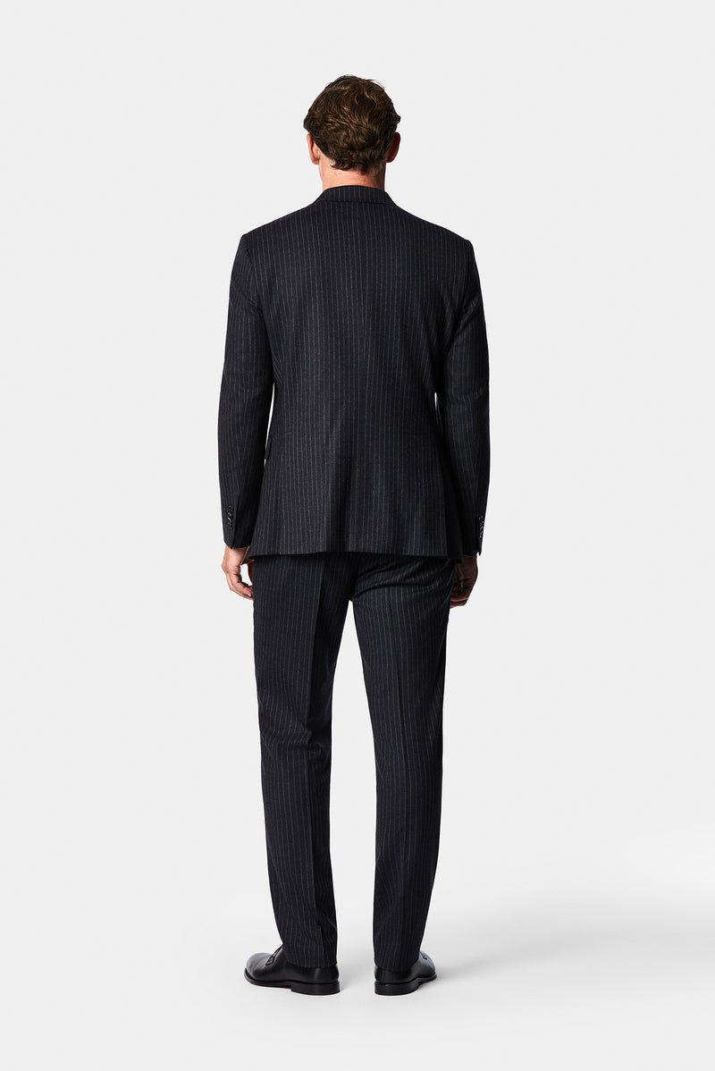 Siyah Lacivert 7 Drop Slim Fit Sivri Yaka Kruvaze Düz Yünlü Beli Lastikli Takım Elbise